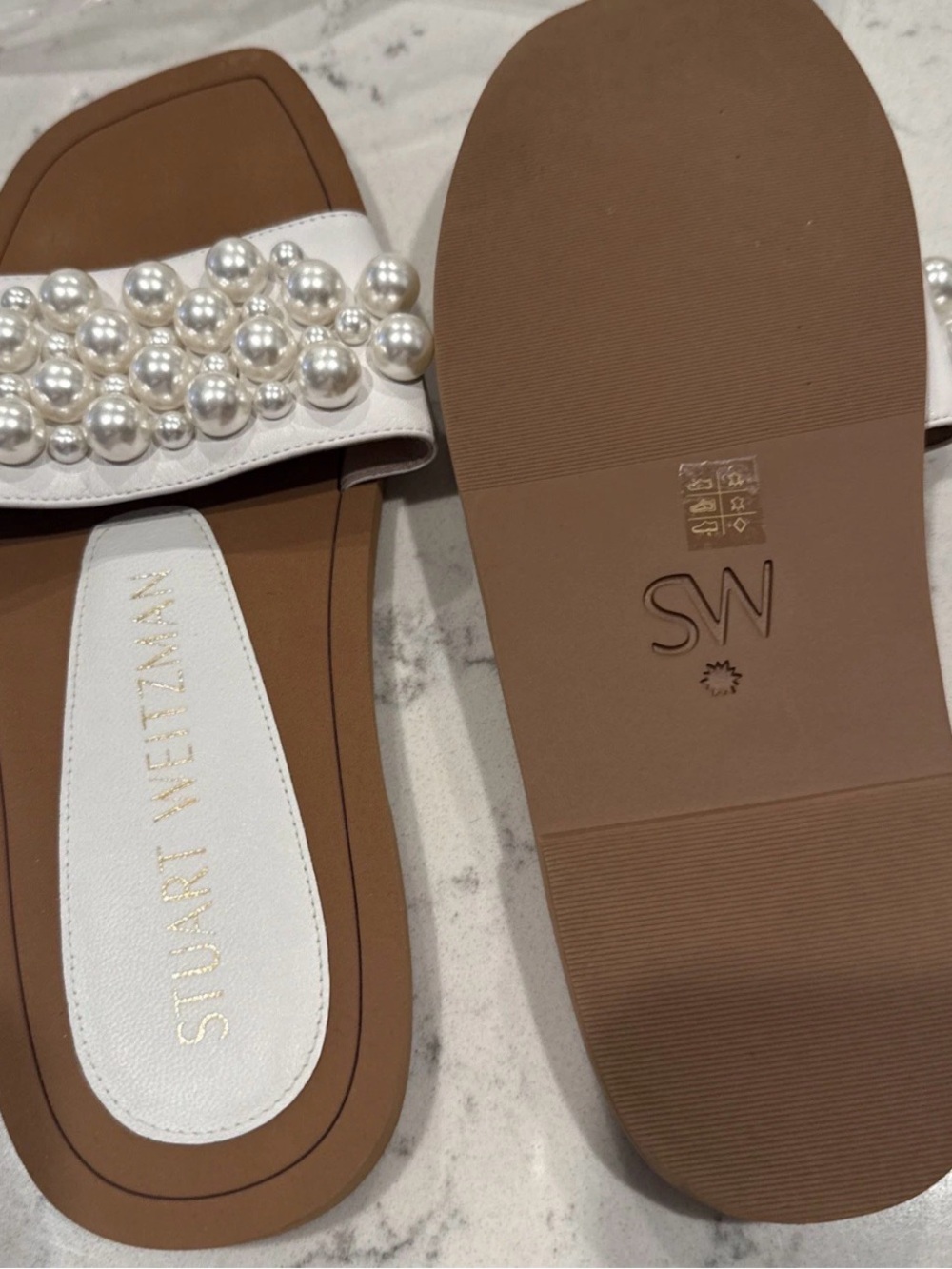 Stuart Weitzman White Pearl-Accent Slide Sandals